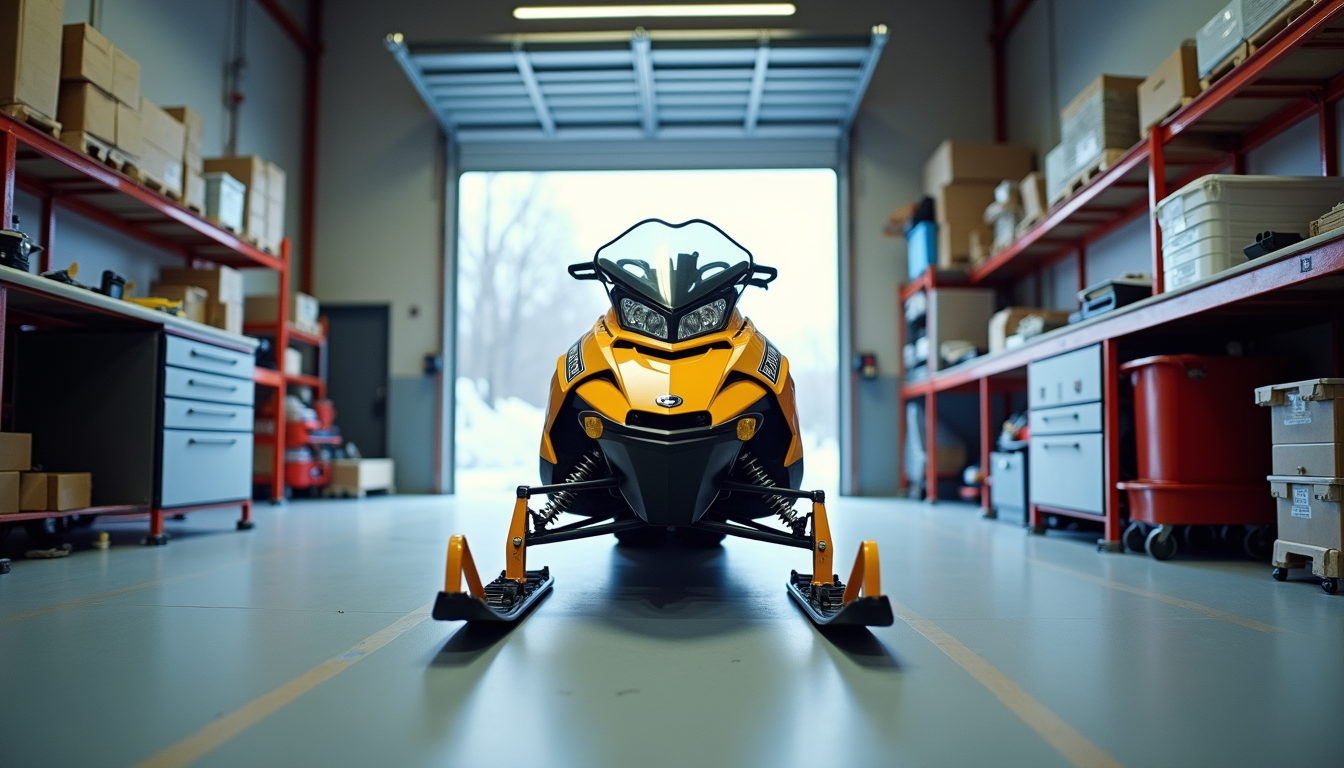 Eye-level view of a snowmobile parked inside a clean, organized garage