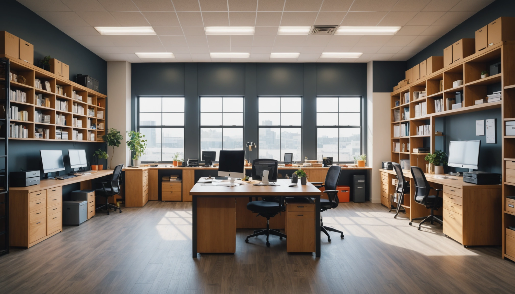 Eye-level view of a bright creative workspace inside a self-storage unit