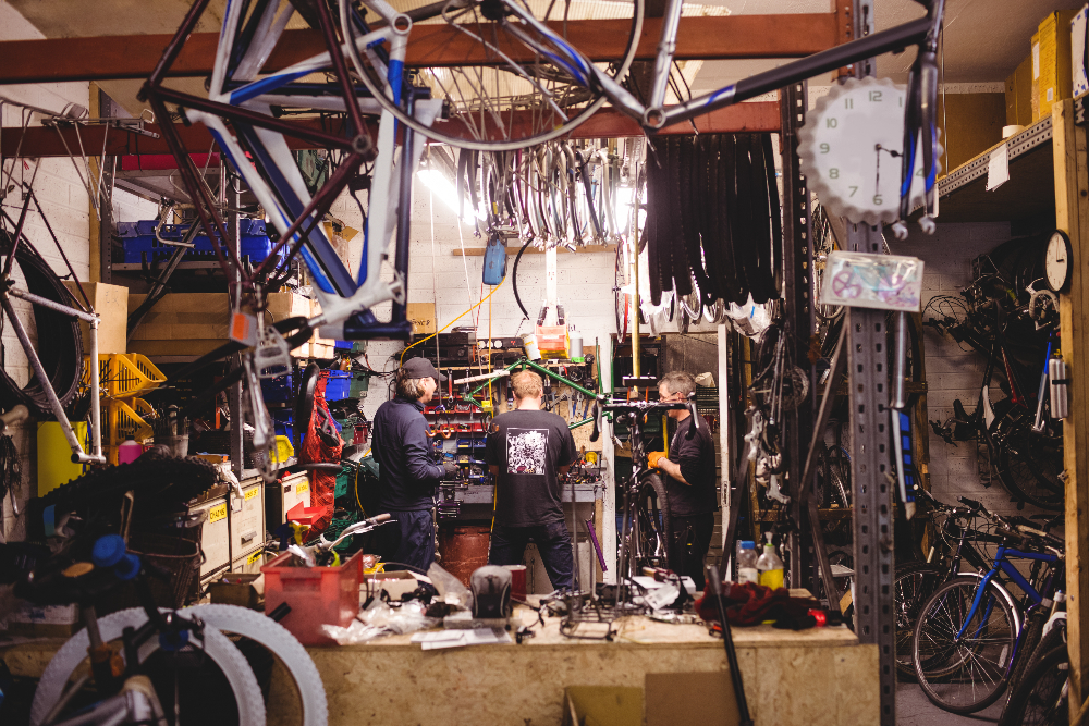 Eye-level view of a well-organized self-storage unit with various tools neatly arranged