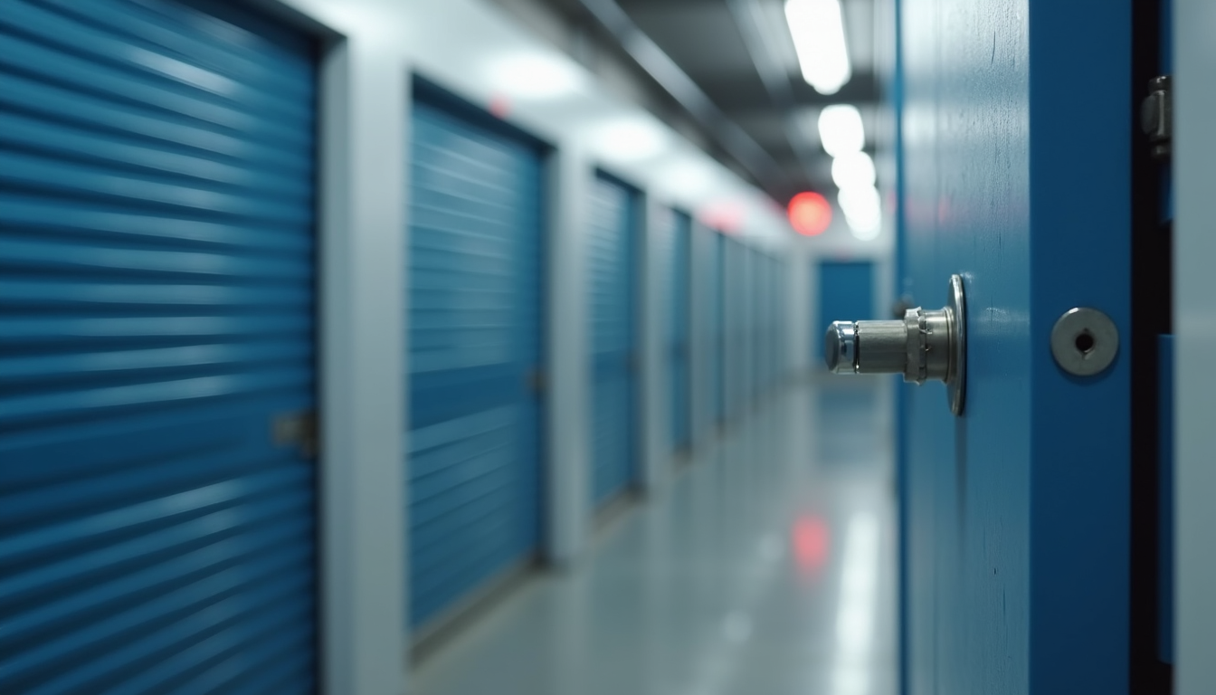 Close-up view of a climate-controlled storage unit door with secure lock