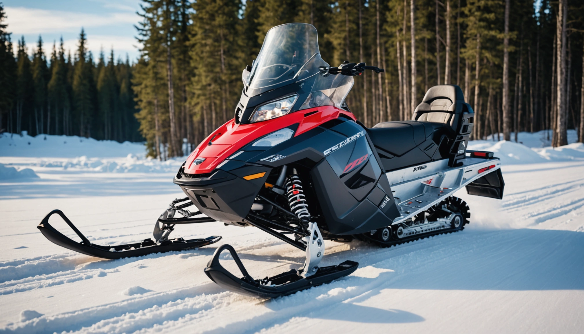 Eye-level view of a snowmobile elevated on a stand