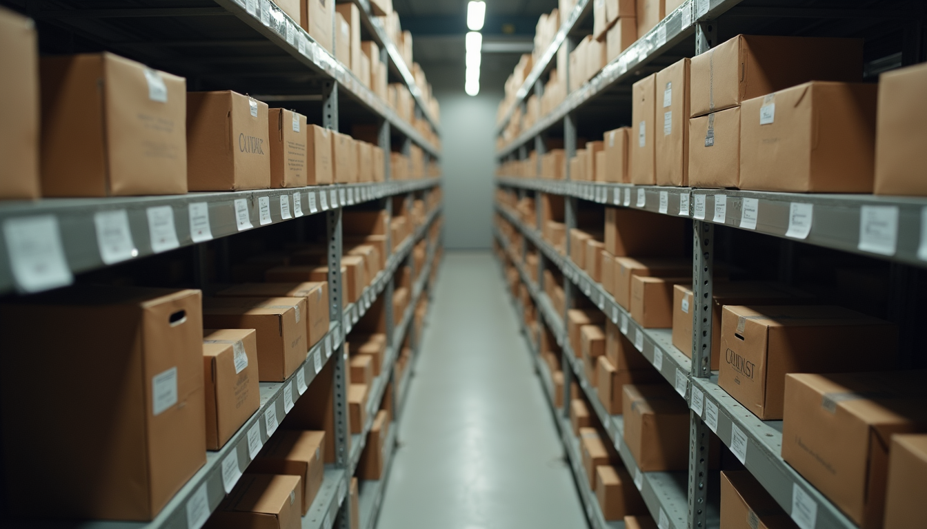 High angle view of organized storage shelves with labeled boxes