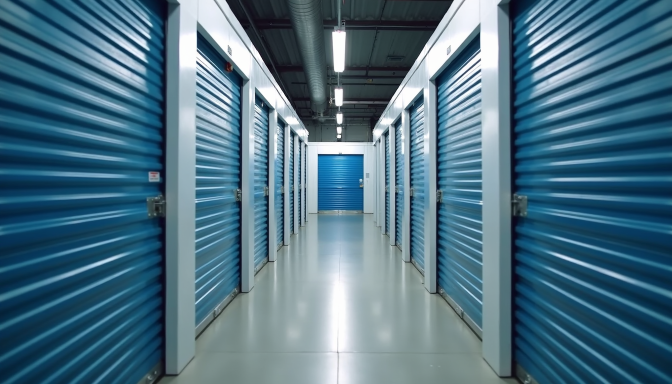 Eye-level view of a clean, secure storage facility with multiple units