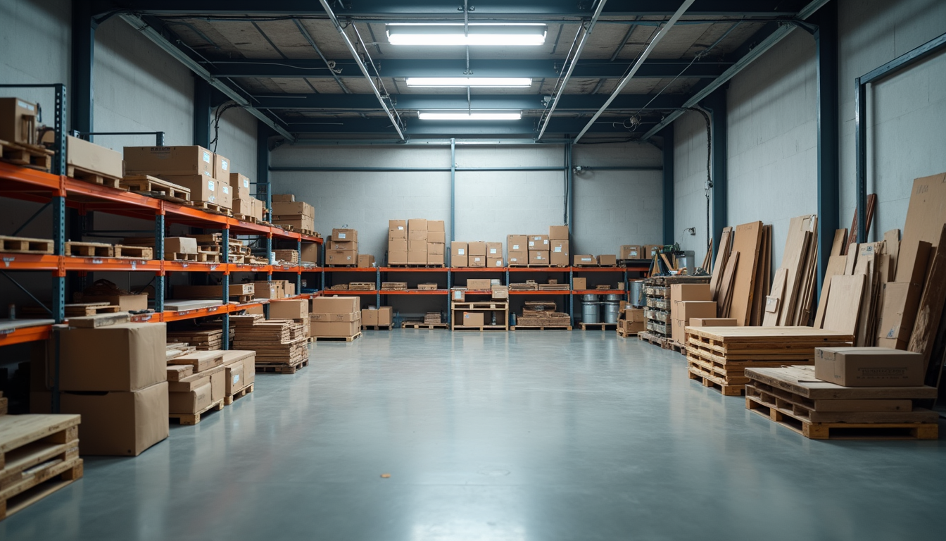 Eye-level view of a clean and organized off-site storage unit filled with contractor tools and materials